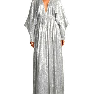 Raquel Deep-V Long-Sleeve Silk-Metallic Long Caftan Dress Elizabeth and James